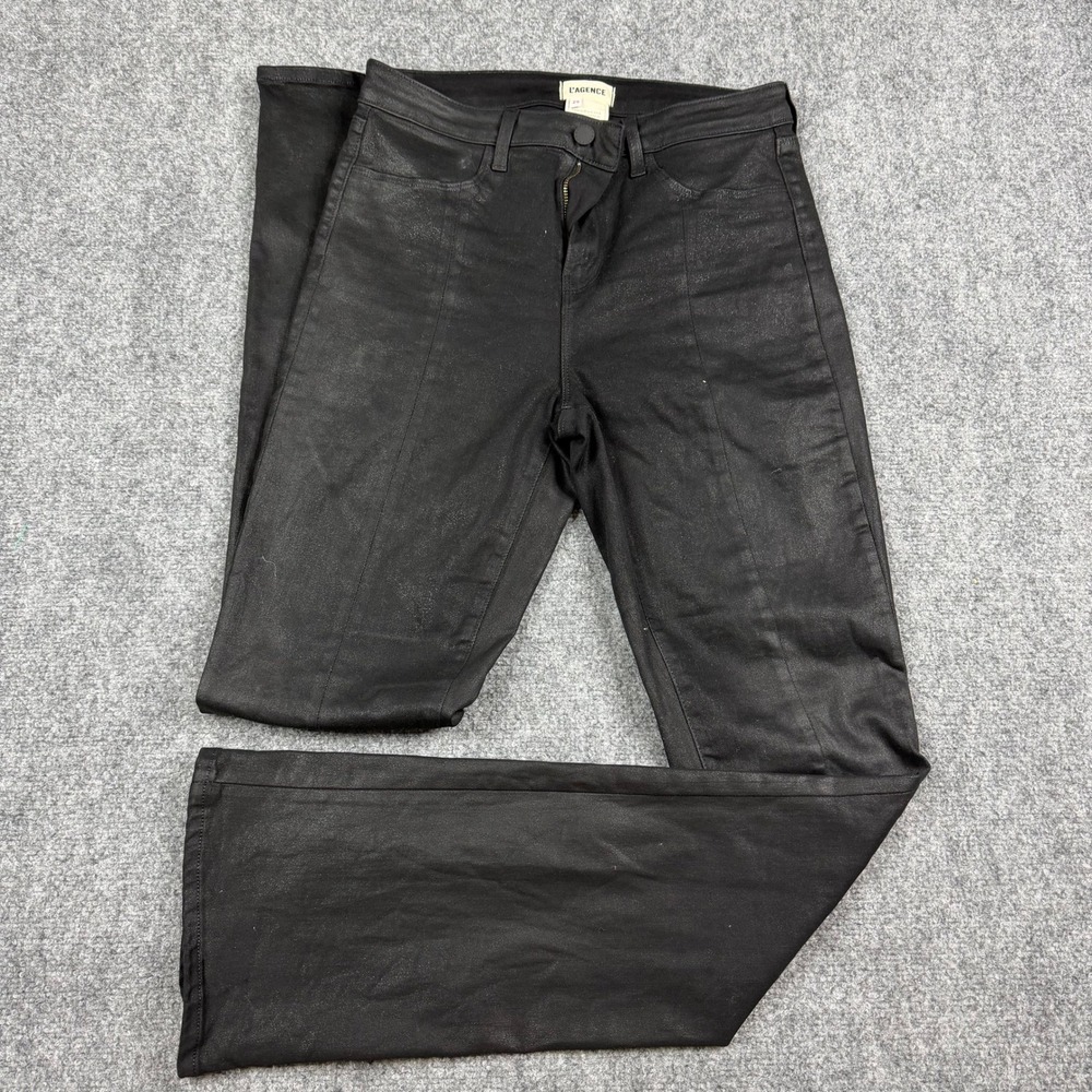L'AGENCE Beatrix Jeans Womens 29 Black Coated High Rise Split Hem Boot Cut